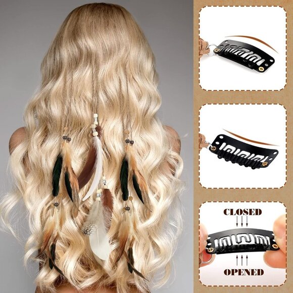8 Pcs Feather Hair Clips Hippie Handmade Boho Hair Extensions with Feather Clip - Picture 5 of 7